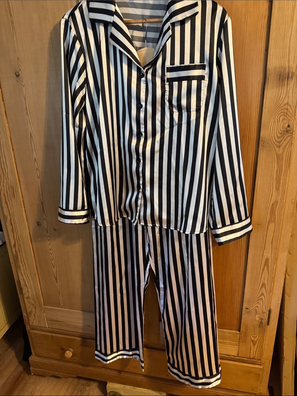 Striped Black & White Women's Pajama Set - Classic Long Sleeve Button-Front